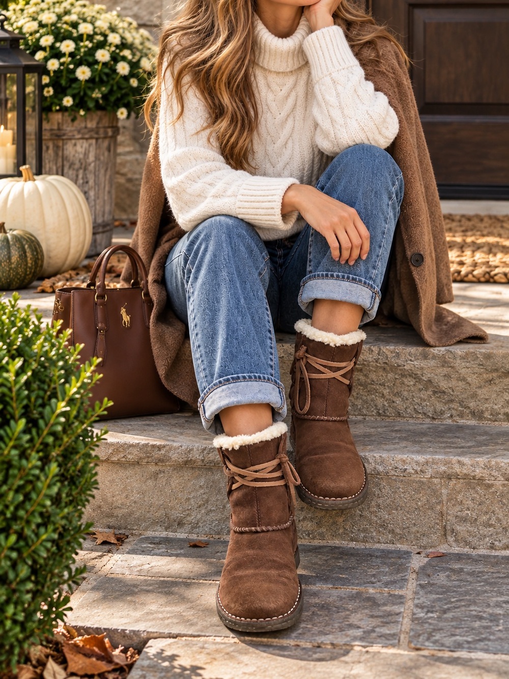 UGG Brown Suede Shearling Lined Lace-Up Ankle Boots Cozy Boho Winter size 7